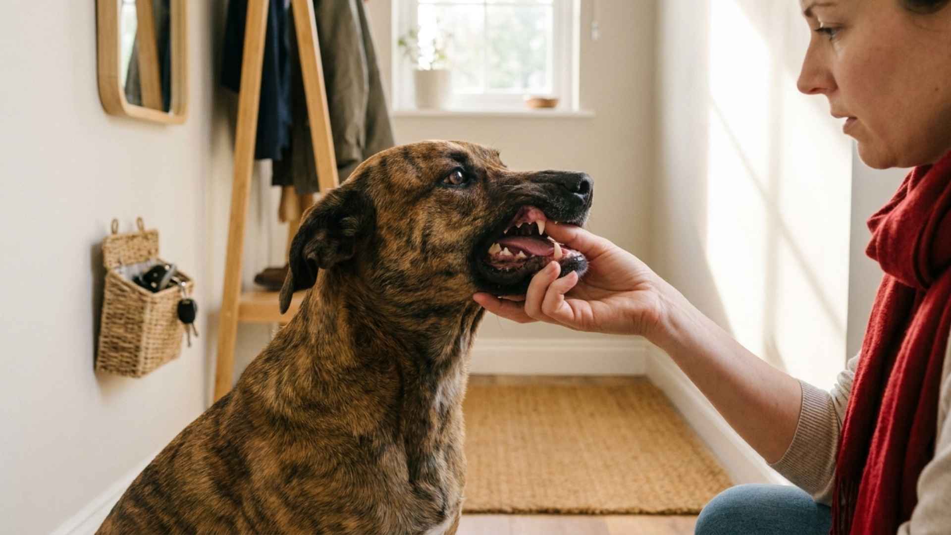 Mujer mirando las encimas y los dientes a un perro